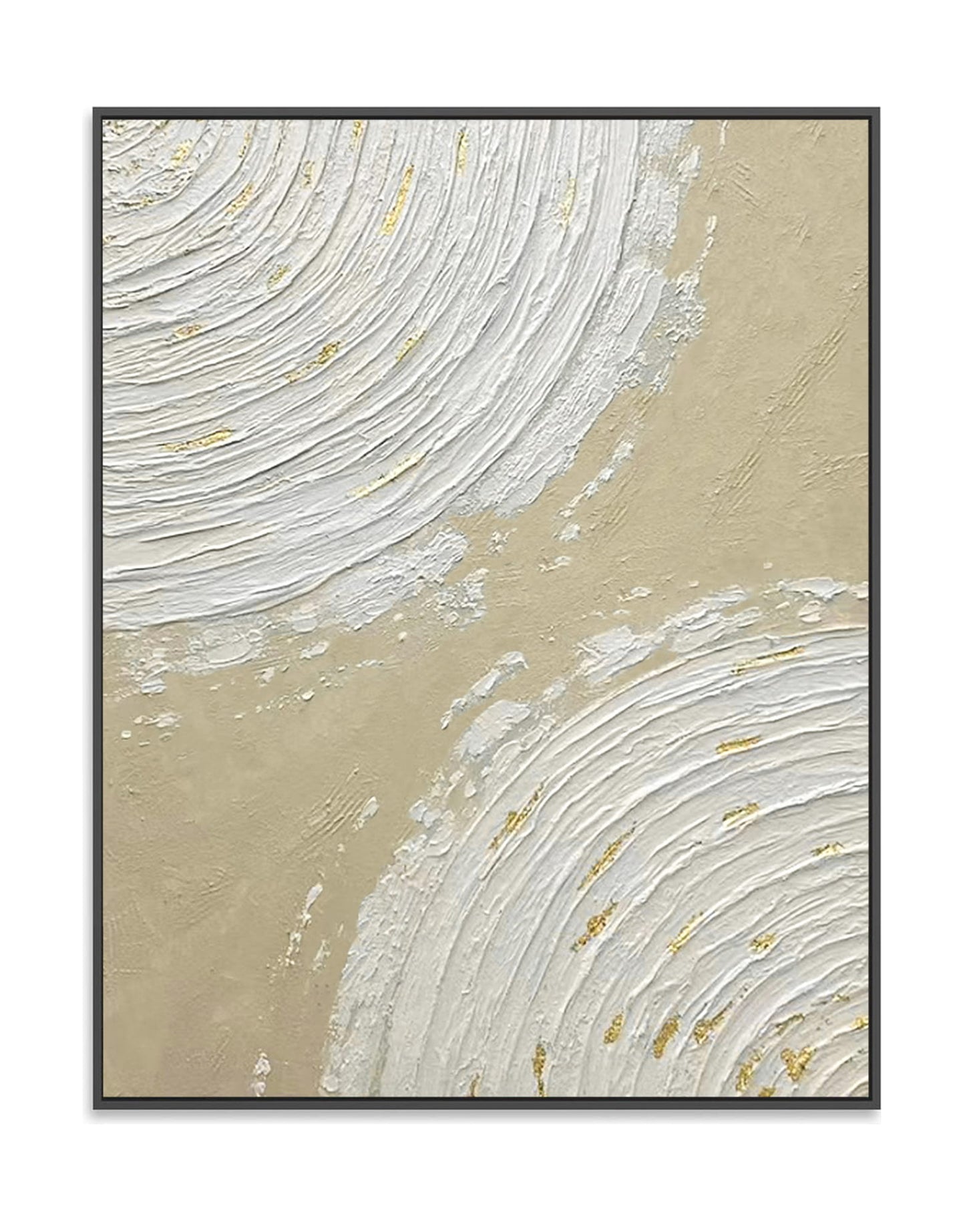 "Hand-painted abstract textured wall art titled 'GALACTIC FUSION.' This captivating artwork, suitable for both portrait and landscape orientations, portrays the abstraction of two galaxies merging. The composition is rich in three-dimensional and linear elements, featuring a color palette dominated by cream, white, and gold, framed in black shadow box frame."