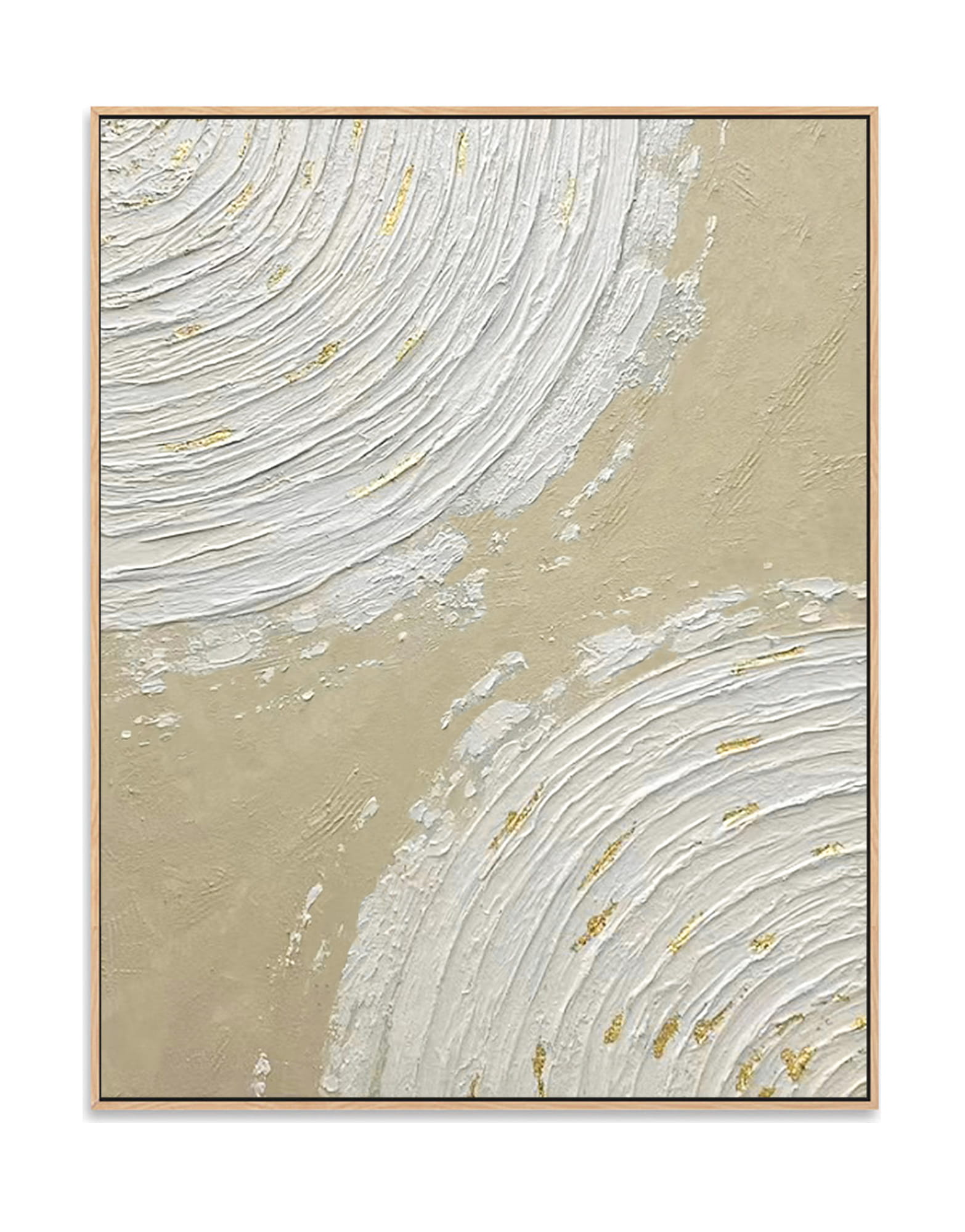 "Hand-painted abstract textured wall art titled 'GALACTIC FUSION.' This captivating artwork, suitable for both portrait and landscape orientations, portrays the abstraction of two galaxies merging. The composition is rich in three-dimensional and linear elements, featuring a color palette dominated by cream, white, and gold, framed in oak shadow box frame."