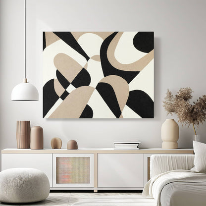 "Abstract textured wall art painting, hand-painted, in landscape shape. Titled 'GEOMETRIC COLLAGE, STYLE B,' the artwork depicts abstract geometric forms in black, cream, and tan, elegantly displayed on the living room wall."