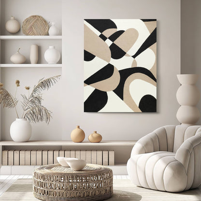 "Abstract textured wall art painting, hand-painted, in Portrait shape. Titled 'GEOMETRIC COLLAGE, STYLE B,' the artwork depicts abstract geometric forms in black, cream, and tan, elegantly displayed on the lounge wall."