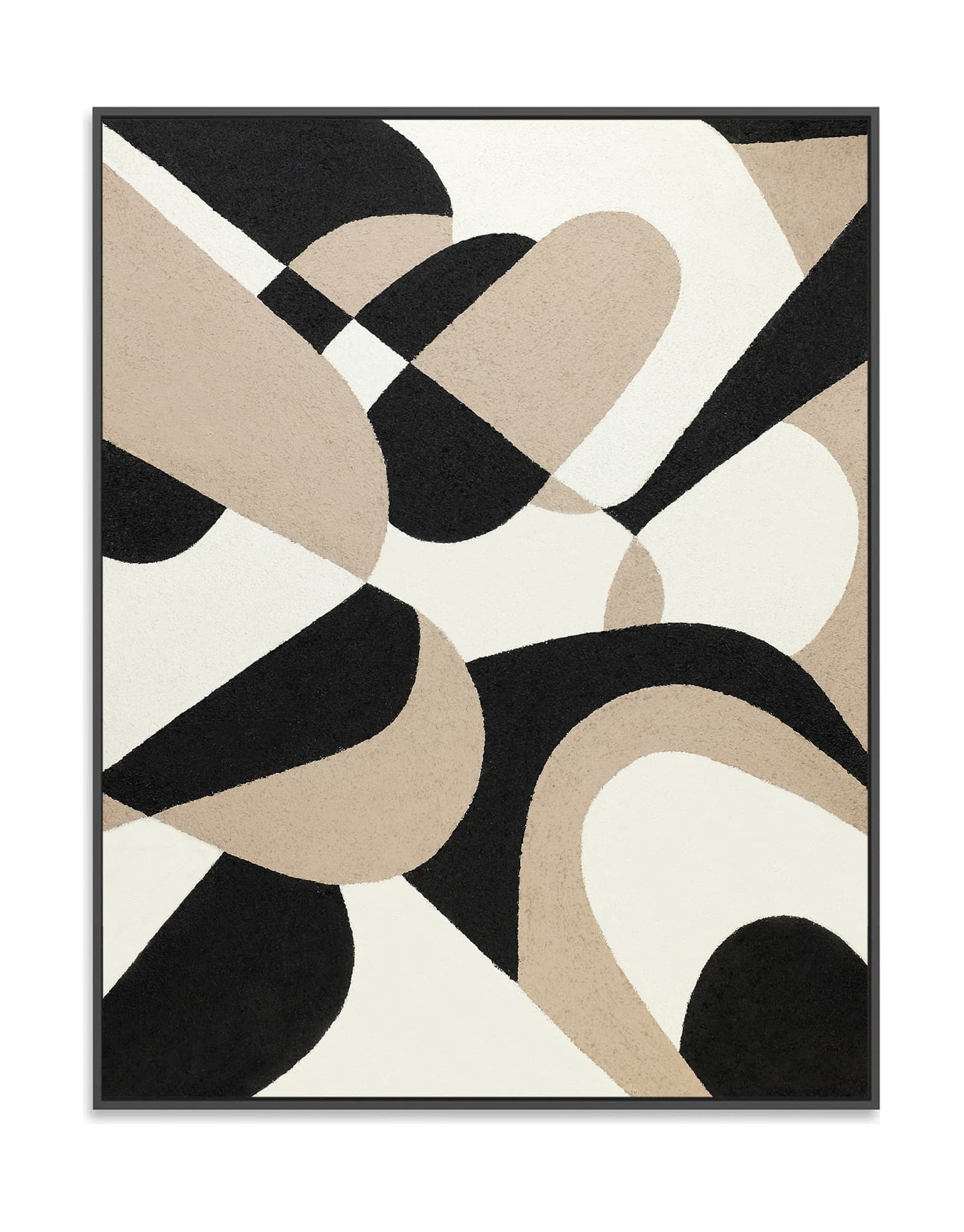 "Abstract textured wall art painting, hand-painted, in landscape shape and Portrait shape. Titled 'GEOMETRIC COLLAGE, STYLE B,' the artwork depicts abstract geometric forms in black, cream, and tan, elegantly framed in a black shadow box."