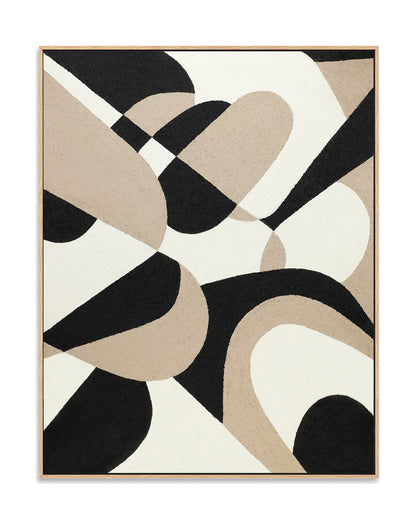 "Abstract textured wall art painting, hand-painted, in landscape shape and Portrait shape. Titled 'GEOMETRIC COLLAGE, STYLE B,' the artwork depicts abstract geometric forms in black, cream, and tan, elegantly framed in a oak shadow box."