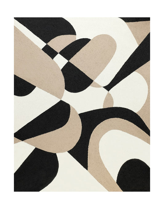 "Abstract textured wall art painting, hand-painted, in landscape shape and Portrait shape, and frameless. The artwork, named 'GEOMETRIC COLLAGE, STYLE B,' features abstract geometric forms in black, cream, and tan colors."