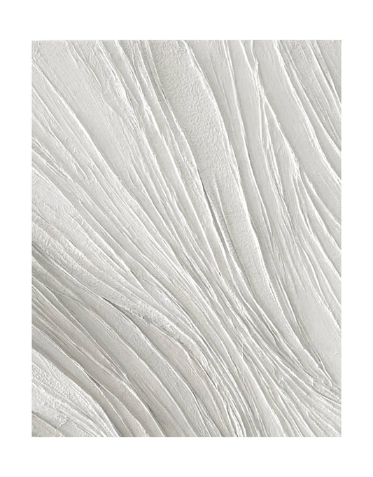 "Hand-painted abstract textured wall art titled 'GLACIER.' This versatile artwork, suitable for both portrait and landscape orientations, showcases a composition full of dimension and linear elements, with a dominant colour palette of white."