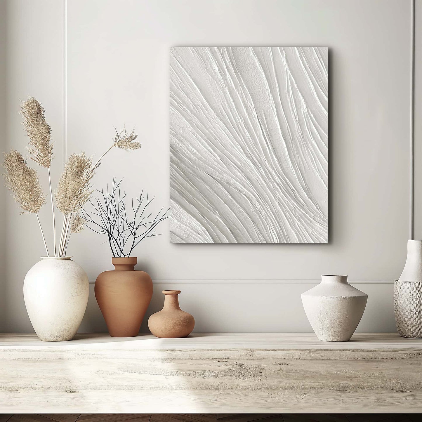 "Hand-painted abstract textured wall art titled 'GLACIER.' This versatile artwork, suitable for both portrait and landscape orientations, showcases a composition full of dimension and linear elements, with a dominant colour palette of white, hanging in the hallway."