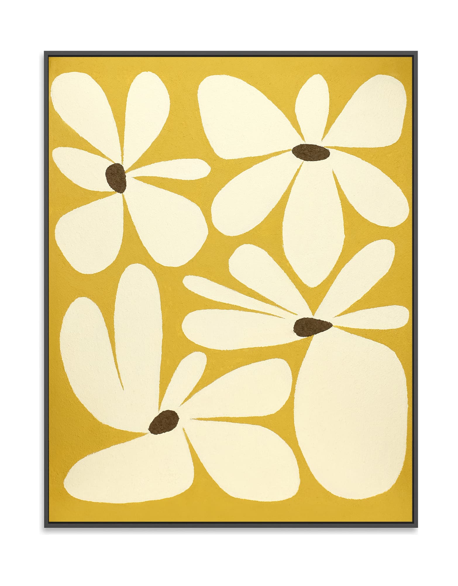 "Hand-painted, abstract textured wall art depicting blooming flowers. Titled 'GOLDEN BLOSSOM,' this frameless artwork is suitable for both portrait and landscape orientations, featuring vibrant shades of yellow and cream, elegantly framed in a black shadow box frame."