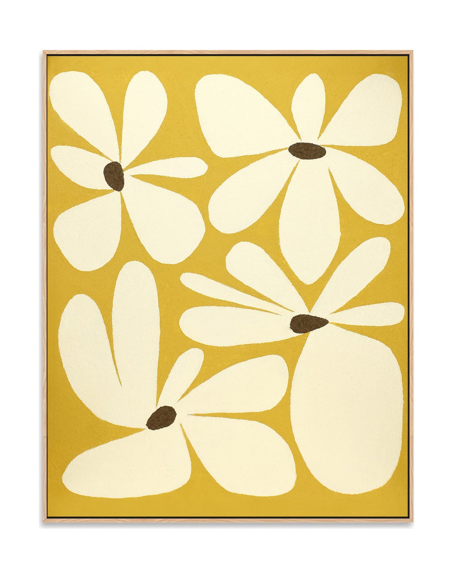 "Hand-painted, abstract textured wall art depicting blooming flowers. Titled 'GOLDEN BLOSSOM,' this frameless artwork is suitable for both portrait and landscape orientations, featuring vibrant shades of yellow and cream, elegantly framed in a oak shadow box frame."