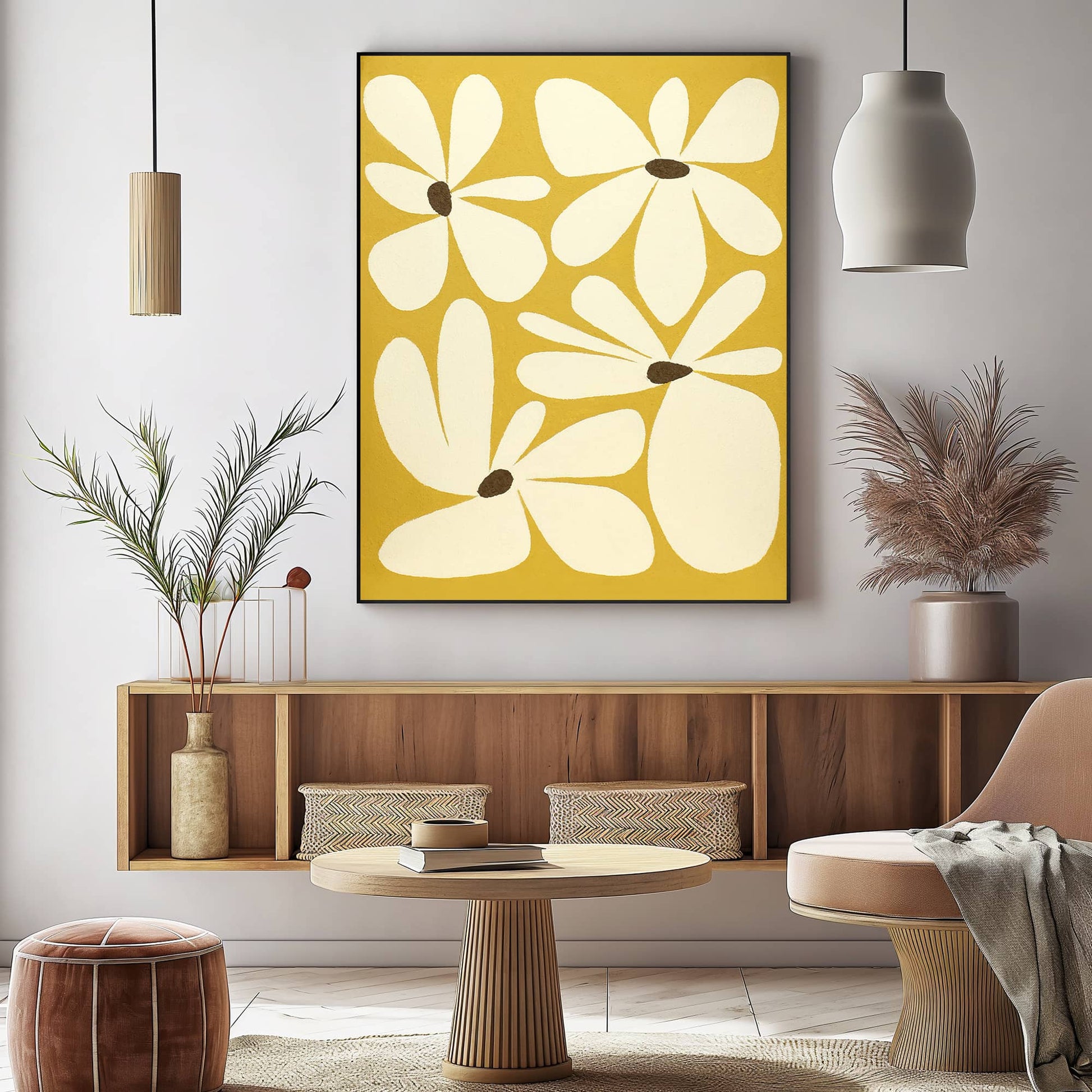 "Hand-painted, abstract textured wall art depicting blooming flowers. Titled 'GOLDEN BLOSSOM,' this artwork in Portrait orientation features vibrant shades of yellow and cream, elegantly displayed on the lounge wall."