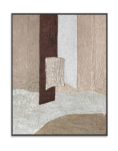 "Hand-painted abstract textured wall art named 'GLUE.' This artwork, suitable for both portrait and landscape orientations, is characterized by a rich sense of texture. The color palette features tones of tan, brown, and white, creating a visually engaging composition, framed in black shadow box frame."