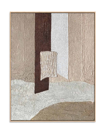 "Hand-painted abstract textured wall art named 'GLUE.' This artwork, suitable for both portrait and landscape orientations, is characterized by a rich sense of texture. The color palette features tones of tan, brown, and white, creating a visually engaging composition, framed in oak shadow box frame."