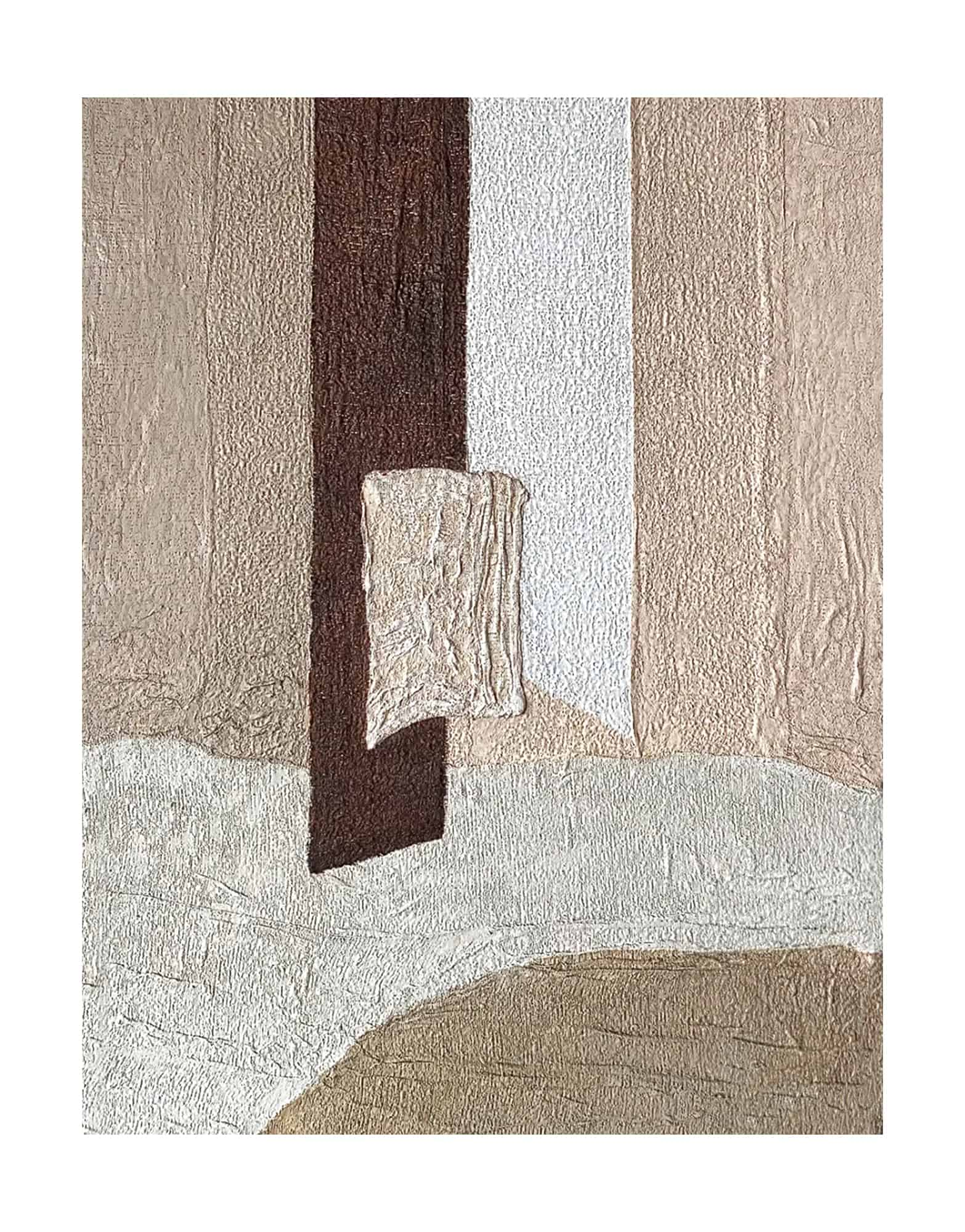 "Hand-painted abstract textured wall art named 'GLUE.' This artwork, suitable for both portrait and landscape orientations, is characterized by a rich sense of texture. The color palette features tones of tan, brown, and white, creating a visually engaging composition."