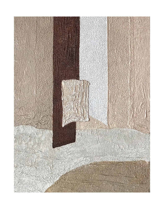 "Hand-painted abstract textured wall art named 'GLUE.' This artwork, suitable for both portrait and landscape orientations, is characterized by a rich sense of texture. The color palette features tones of tan, brown, and white, creating a visually engaging composition."