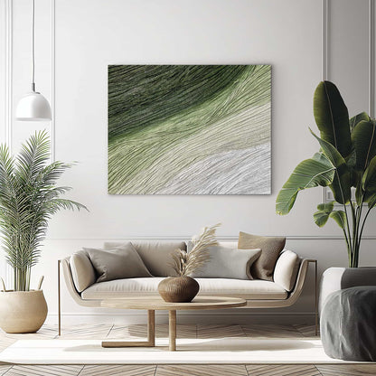 "Hand-painted abstract textured wall art titled 'GRASSLAND.' This artwork, suitable for both portrait and landscape orientations, is characterized by a rich sense of dimension and linear aesthetics. The composition depicts an abstract grassland, featuring a color palette dominated by cream, green, and white tones, hanging in the living room."