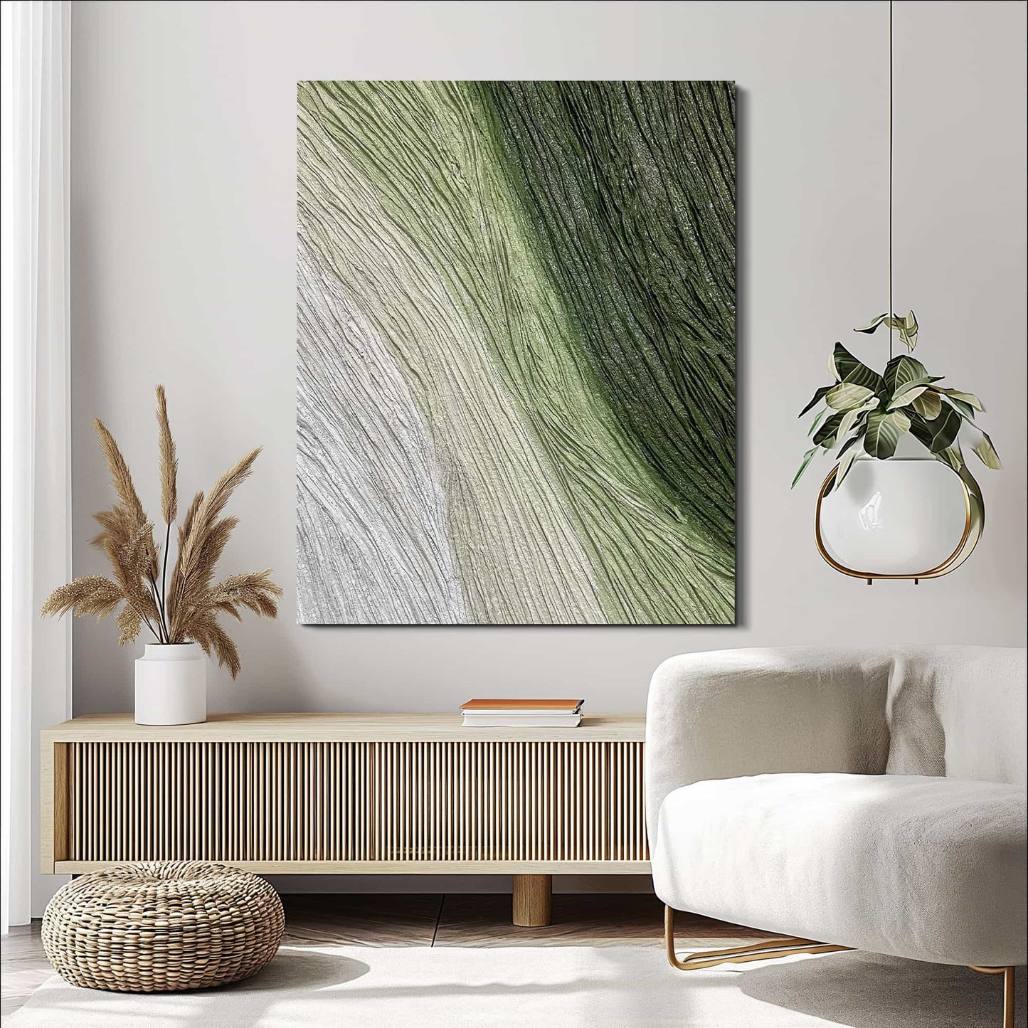 "Hand-painted abstract textured wall art titled 'GRASSLAND.' This artwork, suitable for both portrait and landscape orientations, is characterized by a rich sense of dimension and linear aesthetics. The composition depicts an abstract grassland, featuring a color palette dominated by cream, green, and white tones, hanging in the lounge."