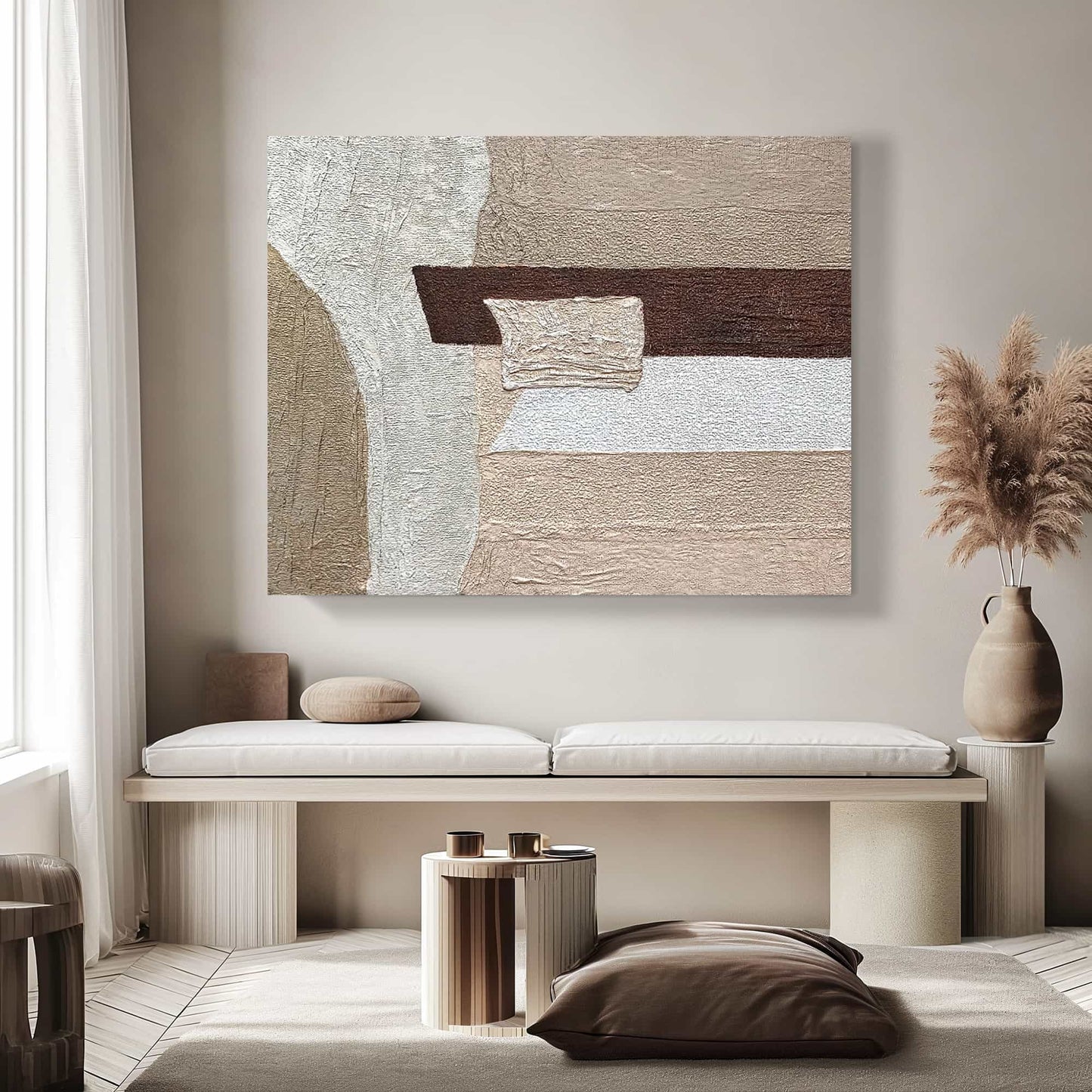 "Hand-painted abstract textured wall art named 'GLUE.' This artwork, suitable for both portrait and landscape orientations, is characterized by a rich sense of texture. The color palette features tones of tan, brown, and white, creating a visually engaging composition, hanging in the hallway."