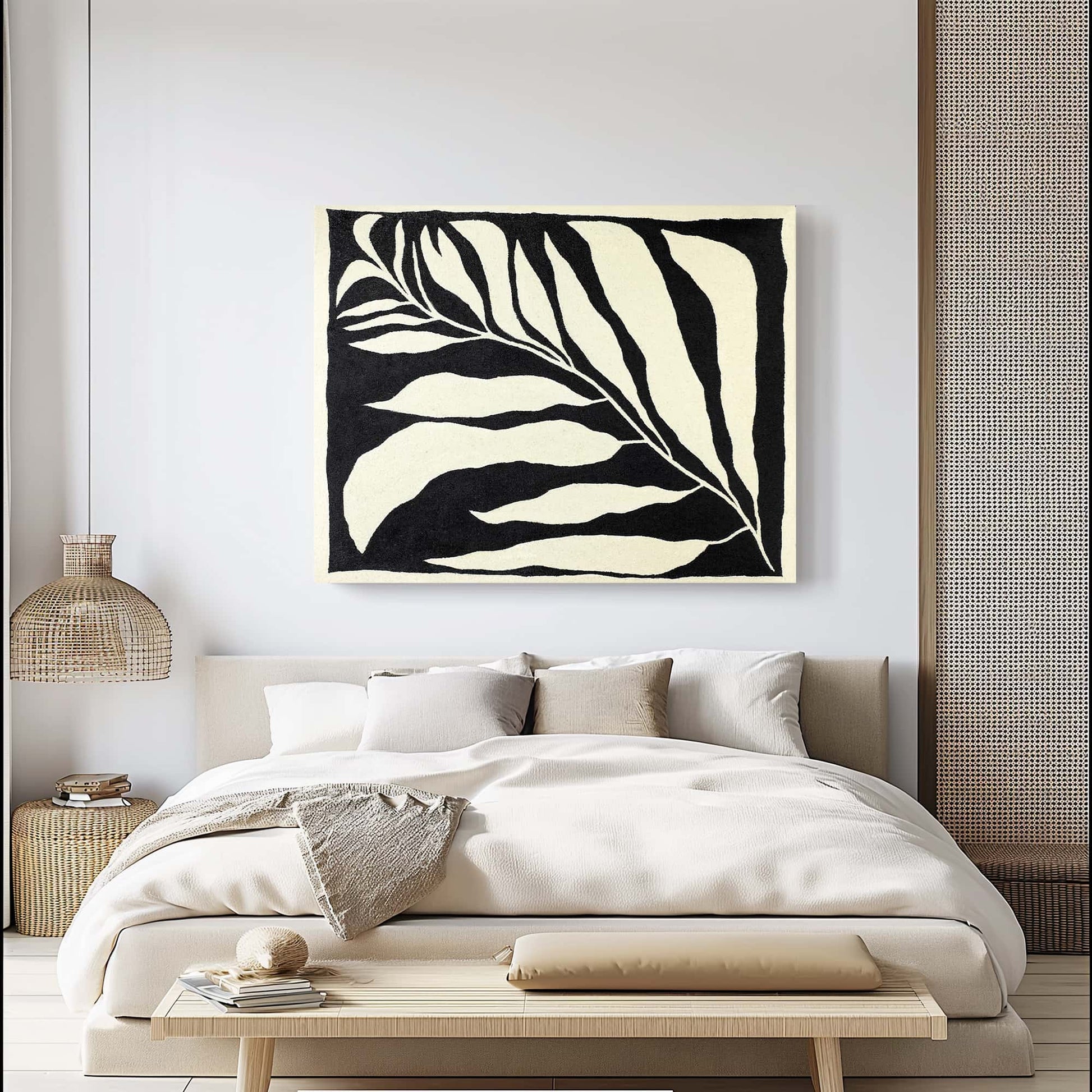 "Hand-painted, frameless abstract textured wall art depicting abstract leaves. Titled 'LEAVES DANCE, STYLE A,' this versatile artwork is suitable for both portrait and landscape orientations, featuring a colour palette of black and cream, hanging in the bedroom."