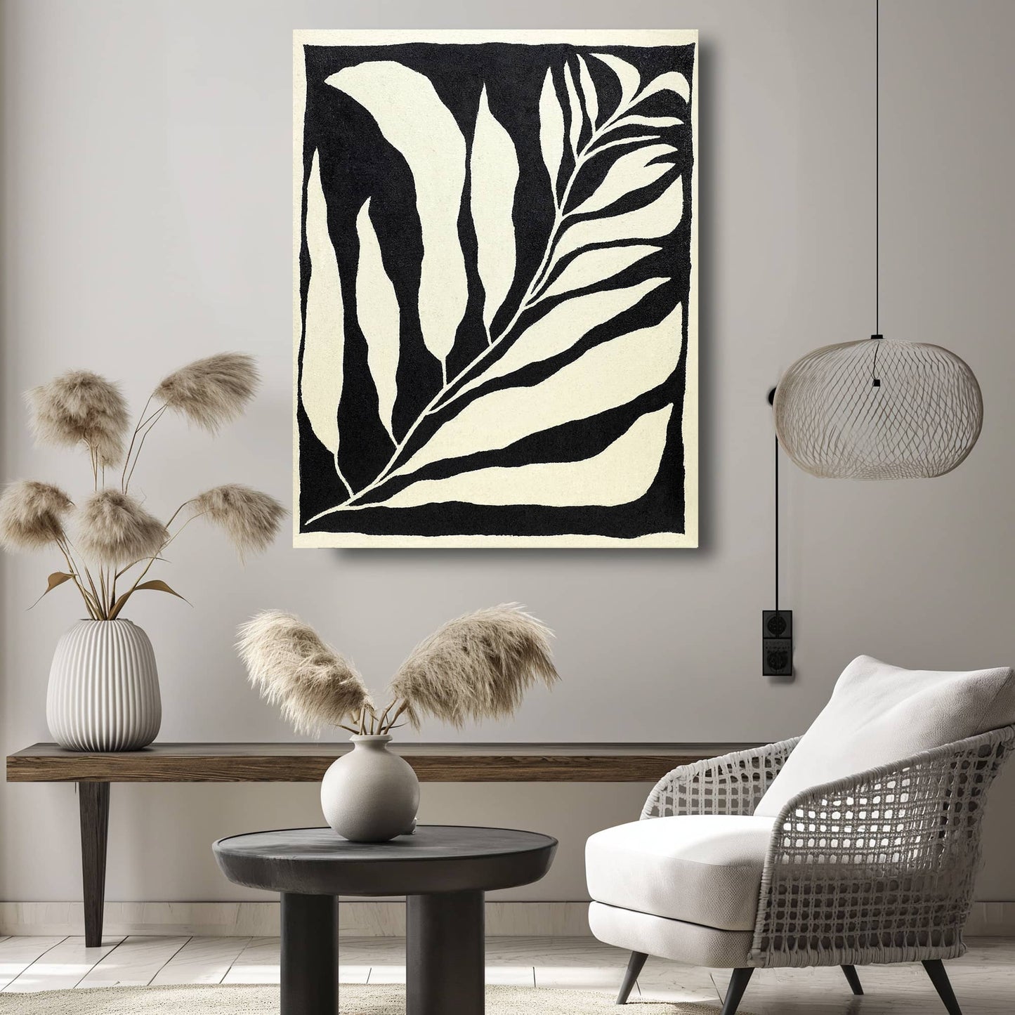 "Hand-painted, frameless abstract textured wall art depicting abstract leaves. Titled 'LEAVES DANCE, STYLE A,' this versatile artwork is suitable for both portrait and landscape orientations, featuring a colour palette of black and cream, hanging in the lounge."