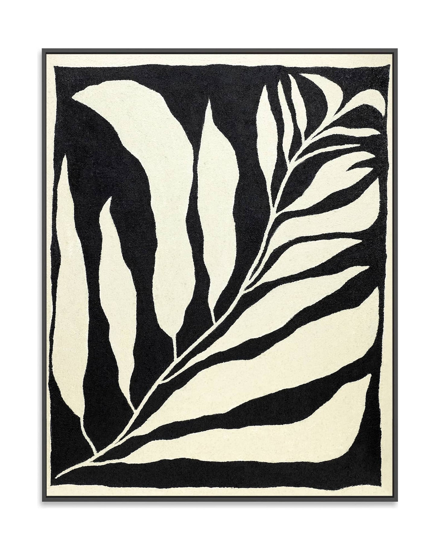 "Hand-painted, abstract textured wall art depicting abstract leaves. Titled 'LEAVES DANCE, STYLE A,' this versatile artwork is suitable for both portrait and landscape orientations, featuring a colour palette of black and cream, elegantly framed in a black shadow box frame."