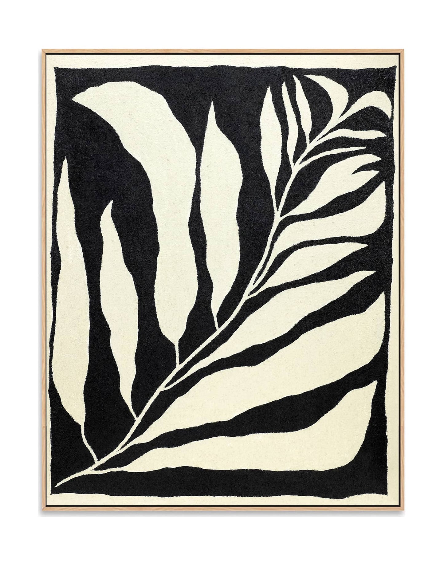 "Hand-painted, abstract textured wall art depicting abstract leaves. Titled 'LEAVES DANCE, STYLE A,' this versatile artwork is suitable for both portrait and landscape orientations, featuring a colour palette of black and cream, elegantly framed in a oak shadow box frame."