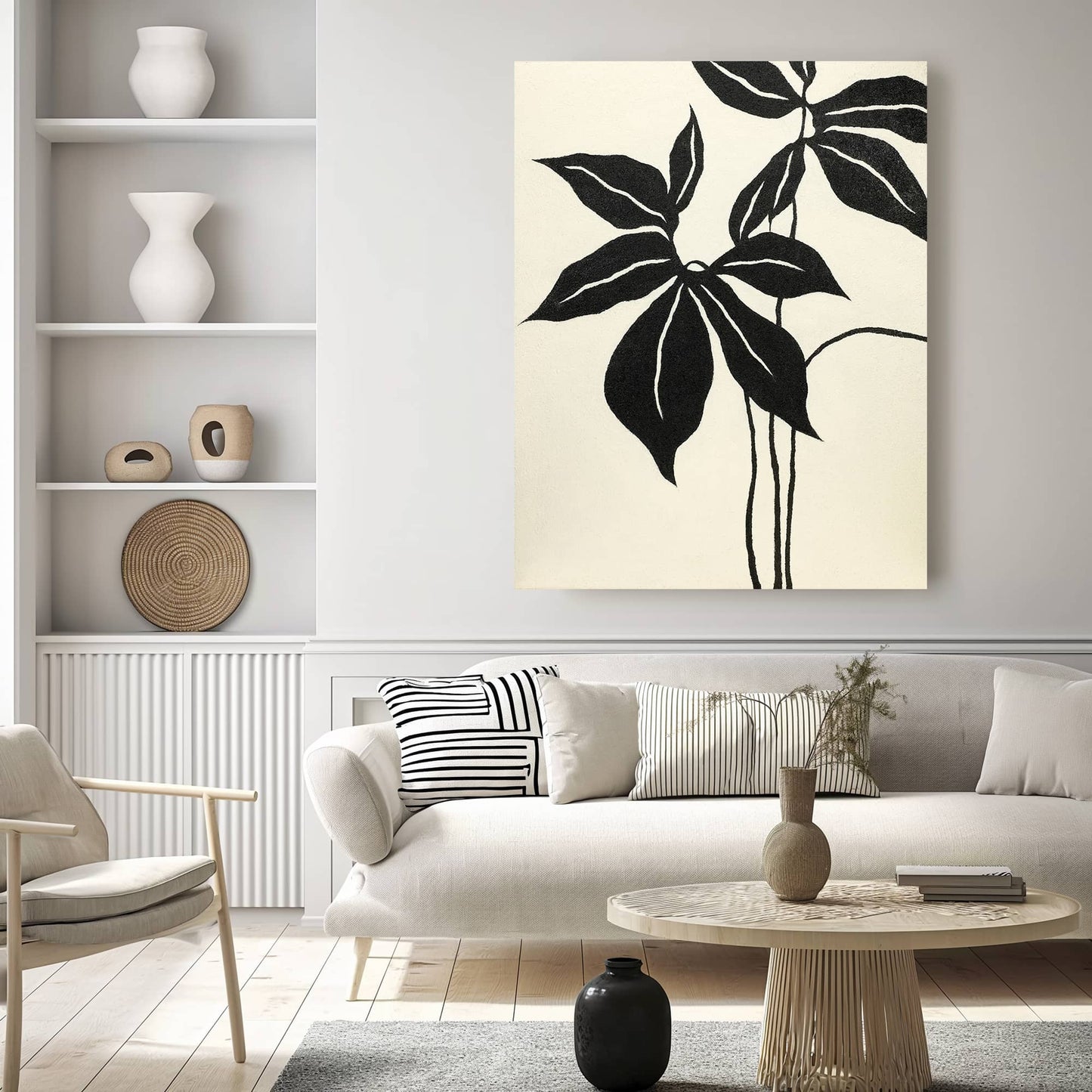 "Hand-painted, frameless abstract texture wall art depicting abstract leaves. Titled 'LEAVES DANCE, STYLE B,' this artwork is designed for portrait hanging, featuring a colour palette of black and cream, hanging in the living room."