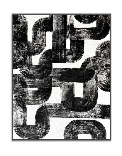 "Hand-painted abstract textured wall art named 'Maze Melody.' The artwork features a white background with black, pipe-like textures that appear chaotic yet structured, intertwining like a maze. Framed in a black shadow box frame."