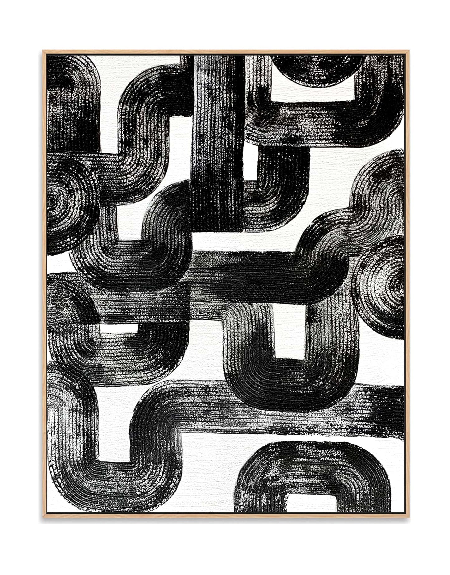 "Hand-painted abstract textured wall art named 'Maze Melody.' The artwork features a white background with black, pipe-like textures that appear chaotic yet structured, intertwining like a maze. Framed in a oak shadow box frame."