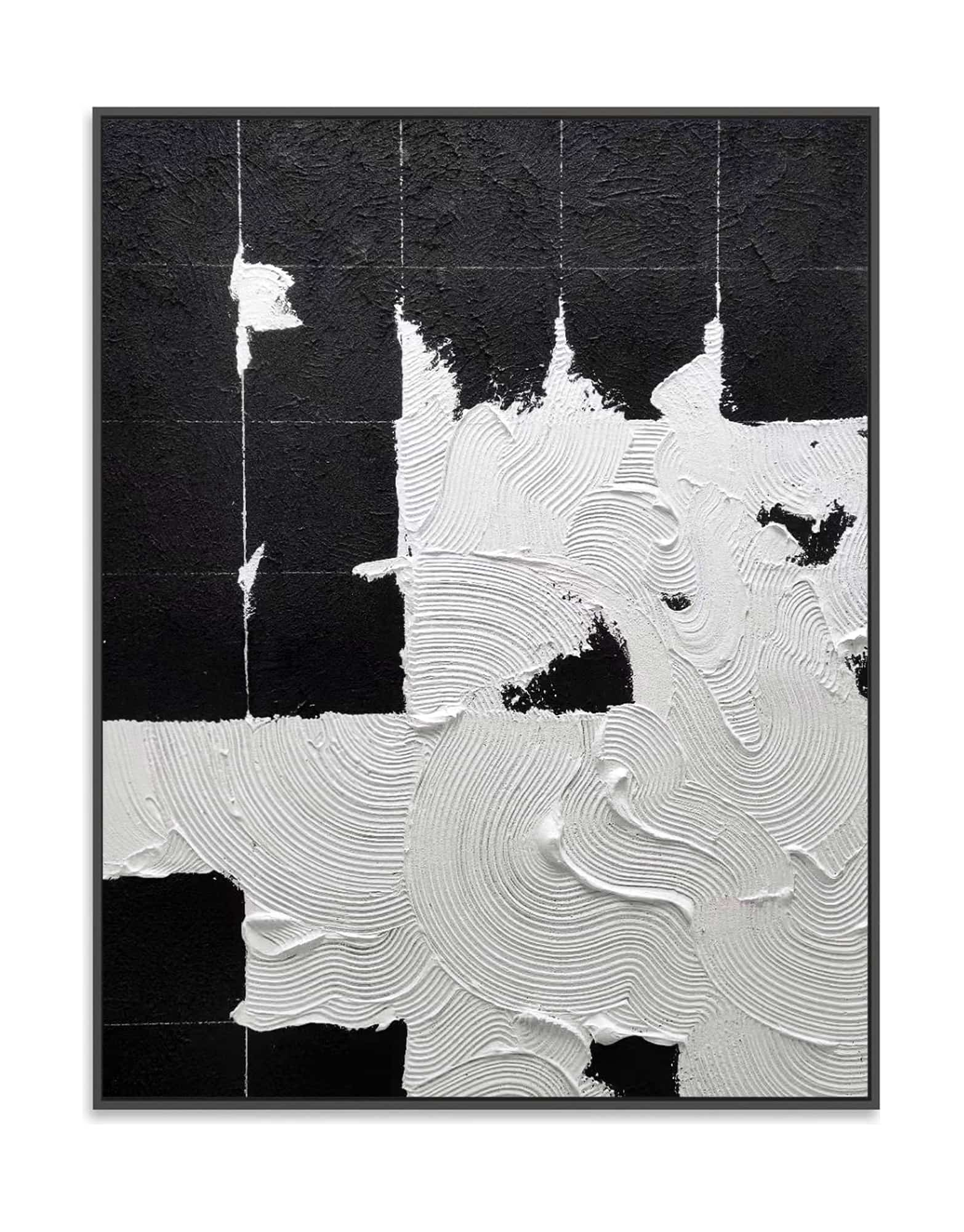 "Hand-painted abstract textured wall art titled 'MIDNIGHT TRACINGS.' This evocative artwork, suitable for both portrait and landscape orientations, depicts the theme of footprints in a snowy night. The composition is rich in texture, predominantly featuring a black and white colour palette, framed in black shadow box frame."