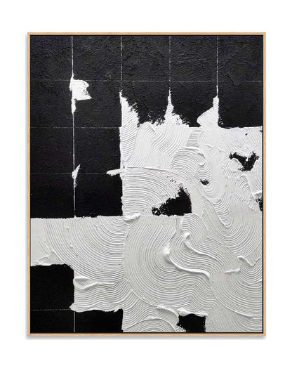 "Hand-painted abstract textured wall art titled 'MIDNIGHT TRACINGS.' This evocative artwork, suitable for both portrait and landscape orientations, depicts the theme of footprints in a snowy night. The composition is rich in texture, predominantly featuring a black and white colour palette, framed in oak shadow box frame."