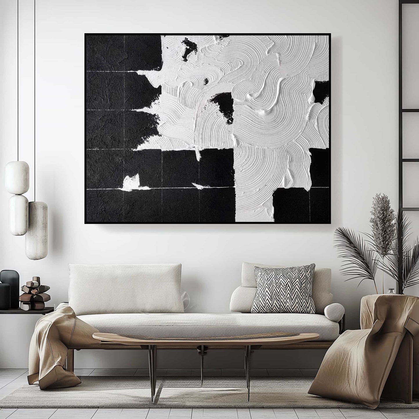 "Hand-painted abstract textured wall art titled 'MIDNIGHT TRACINGS.' This evocative artwork, suitable for landscape orientation, depicts the theme of footprints in a snowy night. The composition is rich in texture, predominantly featuring a black and white colour palette, hanging in the living room."