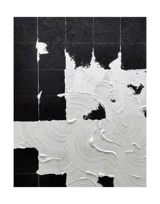 "Hand-painted abstract textured wall art titled 'MIDNIGHT TRACINGS.' This evocative artwork, suitable for both portrait and landscape orientations, depicts the theme of footprints in a snowy night. The composition is rich in texture, predominantly featuring a black and white colour palette."