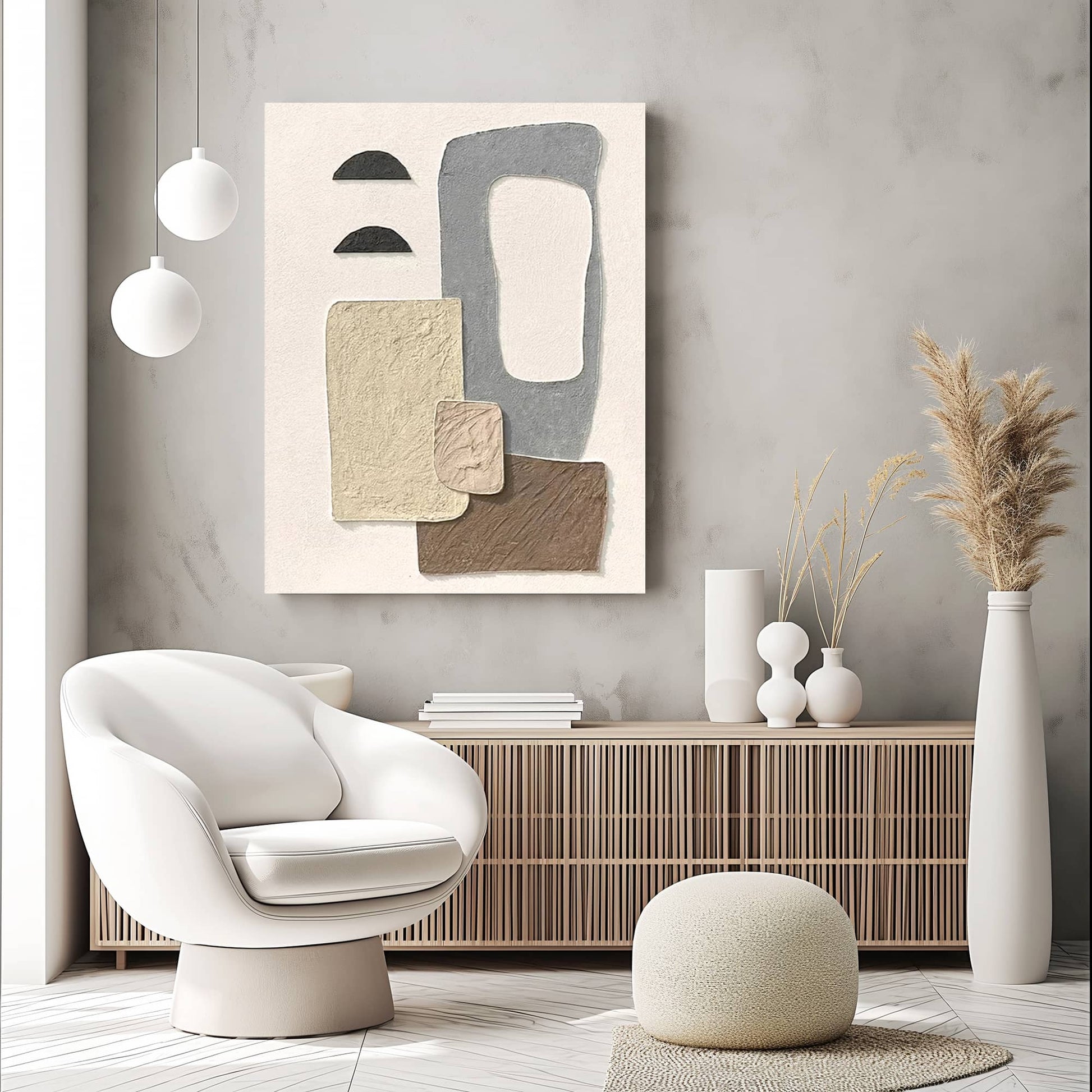 "Hand-painted abstract textured wall art painting titled 'Serene Fieldscape' depicting geometric shapes resembling an aerial view of farmland, evoking a sense of relaxation and tranquility. Hanging in the living room."