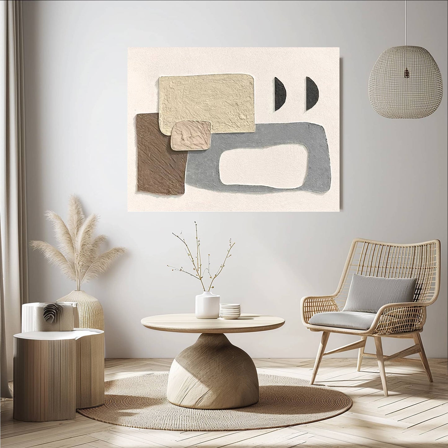 "Hand-painted abstract textured wall art painting titled 'Serene Fieldscape' depicting geometric shapes resembling an aerial view of farmland, evoking a sense of relaxation and tranquility. Hanging in the lounge."