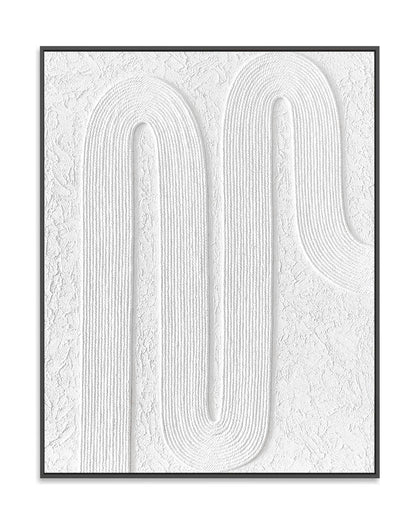 "Hand-painted abstract textured wall art named 'Serenity Threads,' featuring white threads arranged in regular curves, framed in an black shadow box frame."