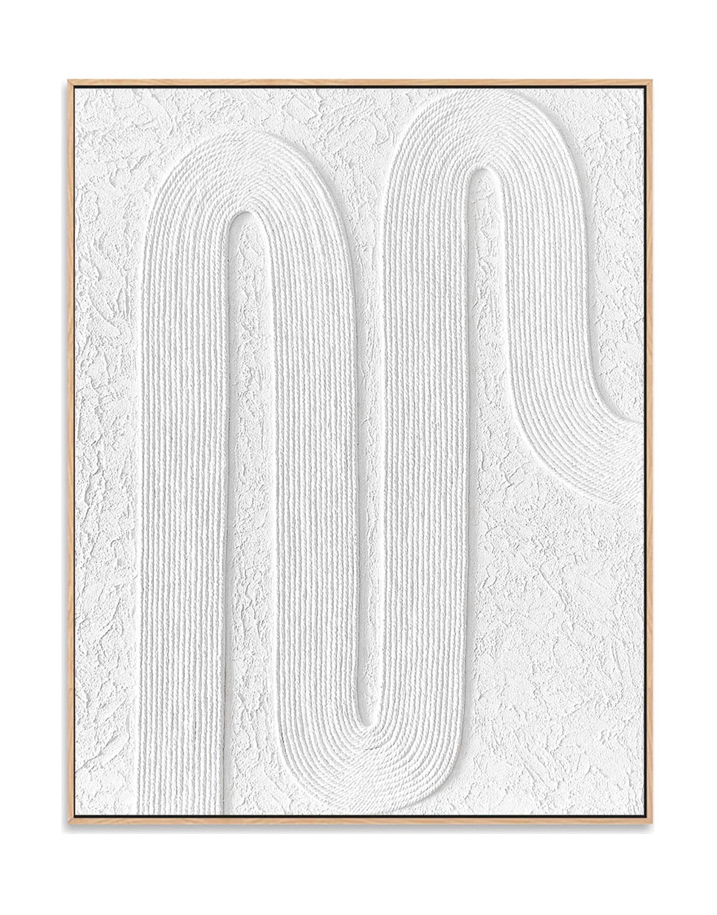 "Hand-painted abstract textured wall art named 'Serenity Threads,' featuring white threads arranged in regular curves, framed in an oak shadow box frame."