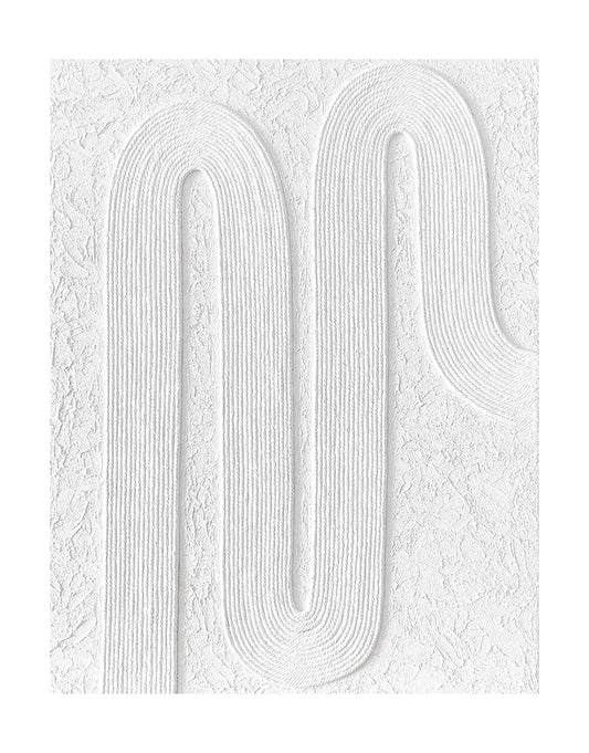 "Frameless hand-painted abstract textured wall art named 'Serenity Threads,' featuring white threads arranged in regular curves."