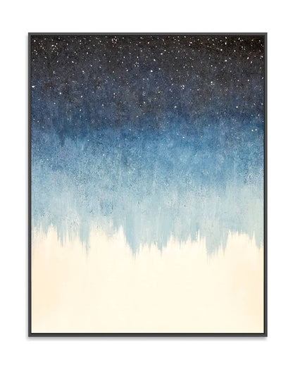 "Hand-painted, abstract textured wall art depicting a starry night sky. Titled 'STARFIELD,' this portrait-shaped artwork features a colour palette of navy blue and white, framed in black shadow box frame."