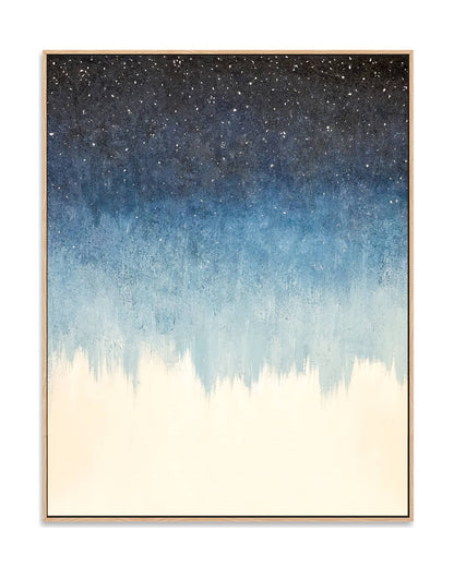 "Hand-painted, abstract textured wall art depicting a starry night sky. Titled 'STARFIELD,' this portrait-shaped artwork features a colour palette of navy blue and white, framed in oak shadow box frame."