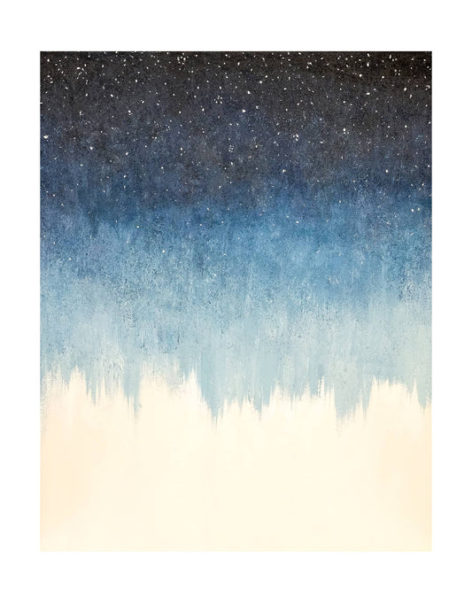 "Hand-painted, frameless abstract textured wall art depicting a starry night sky. Titled 'STARFIELD,' this portrait-shaped artwork features a colour palette of navy blue and white."