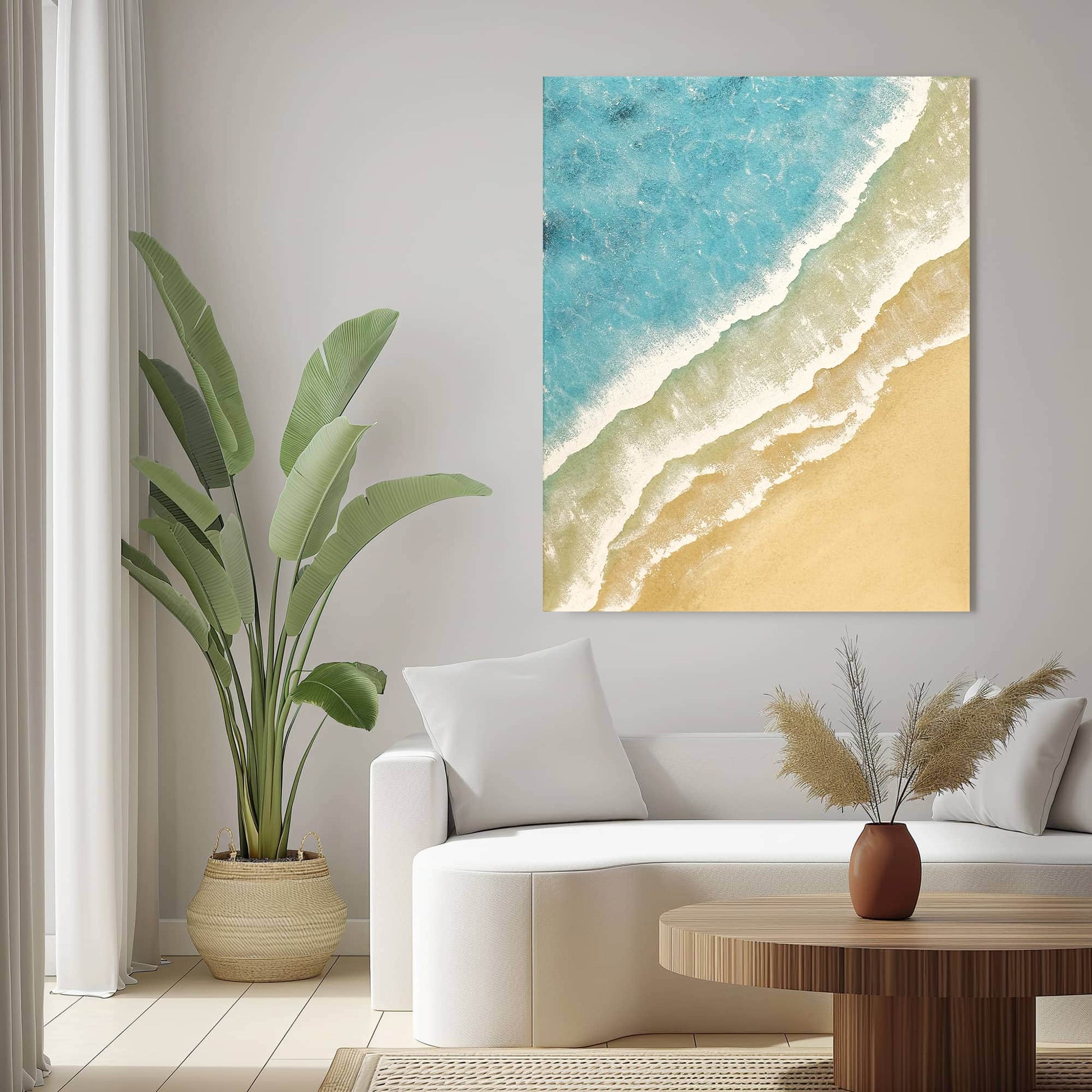 "Hand-painted, textured wall art depicting waves and sandy shores. Titled 'THE SEASHORE, STYLE B,' this portrait-shaped artwork in shades of blue, cream, and white is elegantly hung in the living room."