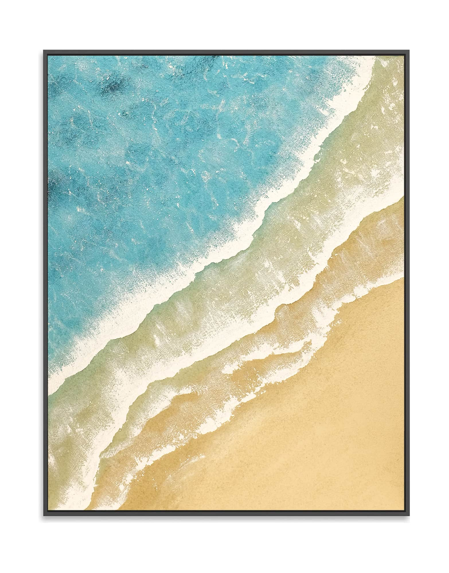 "Hand-painted, textured wall art depicting waves and sandy shores. Titled 'THE SEASHORE, STYLE B,' this versatile artwork is suitable for both portrait and landscape hanging, featuring a colour palette of blue, cream, and white, framed in black shadow box frame."