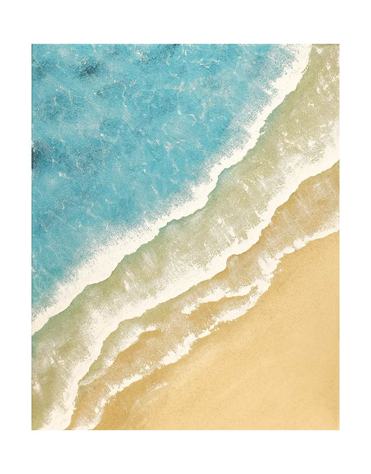 "Hand-painted, frameless textured wall art depicting waves and sandy shores. Titled 'THE SEASHORE, STYLE B,' this versatile artwork is suitable for both portrait and landscape hanging, featuring a colour palette of blue, cream, and white."