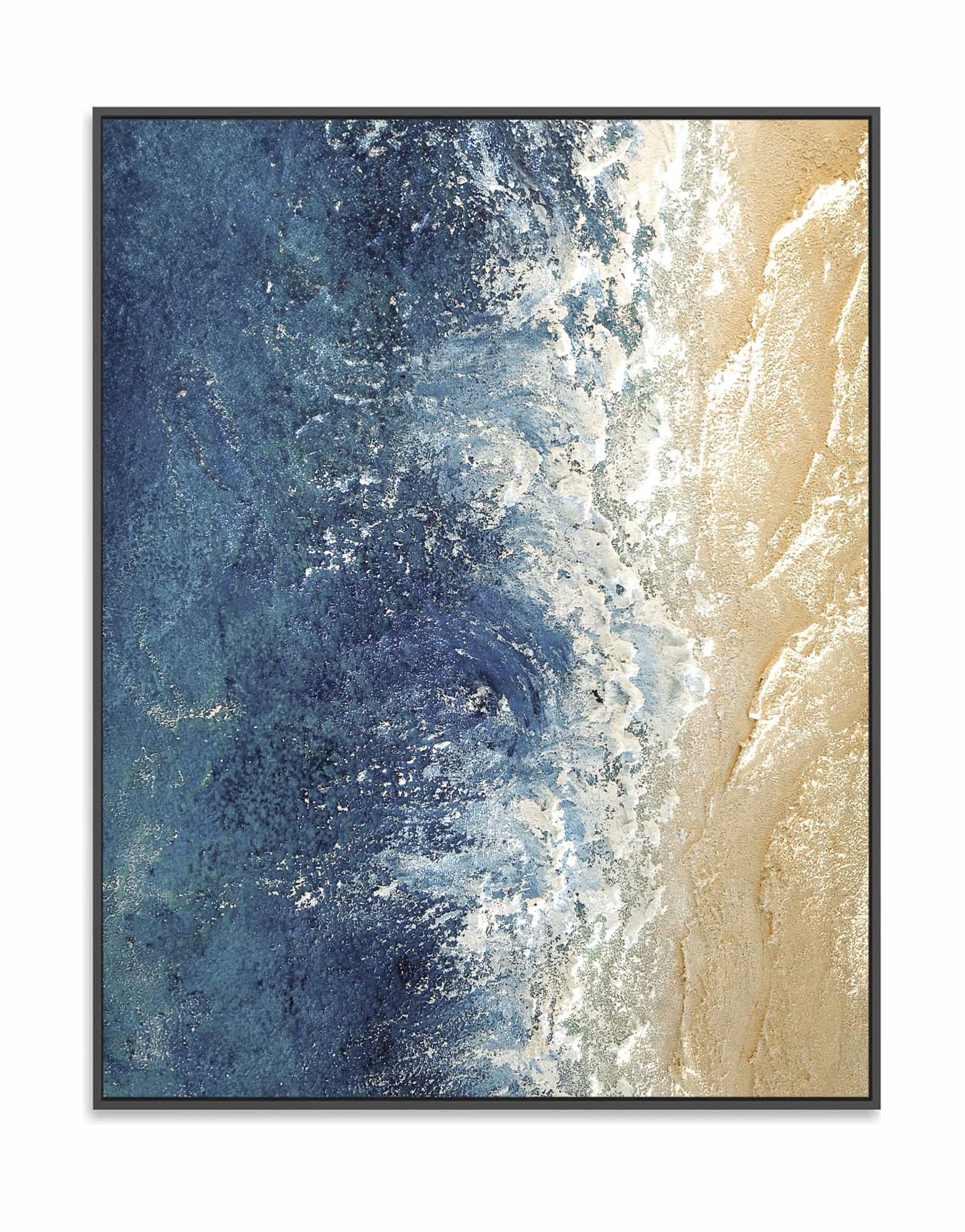 "Hand-painted, textured wall art depicting waves and sandy shores. Titled 'THE SEASHORE, STYLE C,' this versatile artwork is suitable for both portrait and landscape hanging, featuring a colour palette of blue and cream, framed in black shadow box frame."