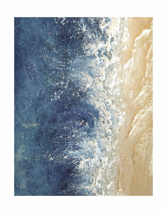 "Hand-painted, frameless textured wall art depicting waves and sandy shores. Titled 'THE SEASHORE, STYLE C,' this versatile artwork is suitable for both portrait and landscape hanging, featuring a colour palette of blue and cream."