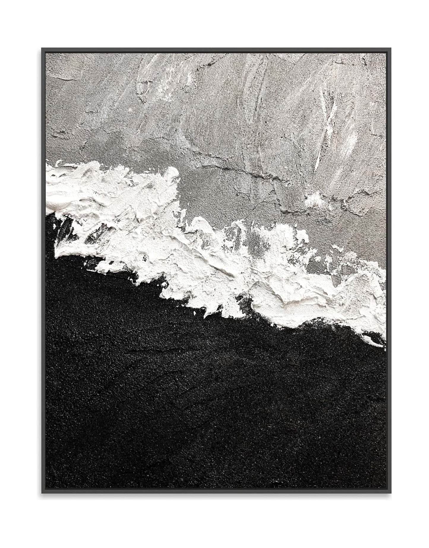 "Hand-painted abstract textured wall art named 'Untamed Rift.' The artwork features a grey and black background separated by wild and expressive white strokes. The painting may symbolize a blend of elements or the conflict between water and fire. Framed in a black shadow box frame."