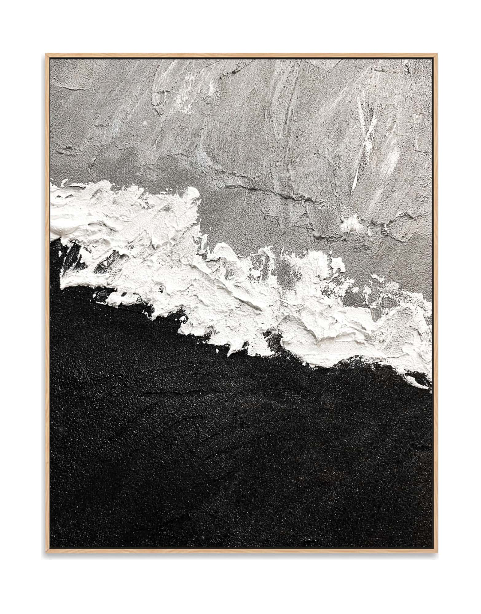 "Hand-painted abstract textured wall art named 'Untamed Rift.' The artwork features a grey and black background separated by wild and expressive white strokes. The painting may symbolize a blend of elements or the conflict between water and fire. Framed in a oak shadow box frame."