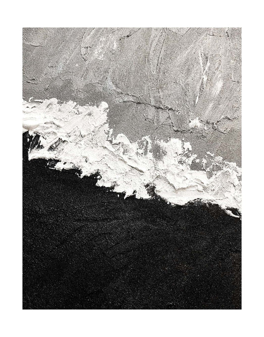"Frameless hand-painted abstract textured wall art named 'Untamed Rift.' The artwork features a grey and black background separated by wild and expressive white strokes. The painting may symbolize a blend of elements or the conflict between water and fire."
