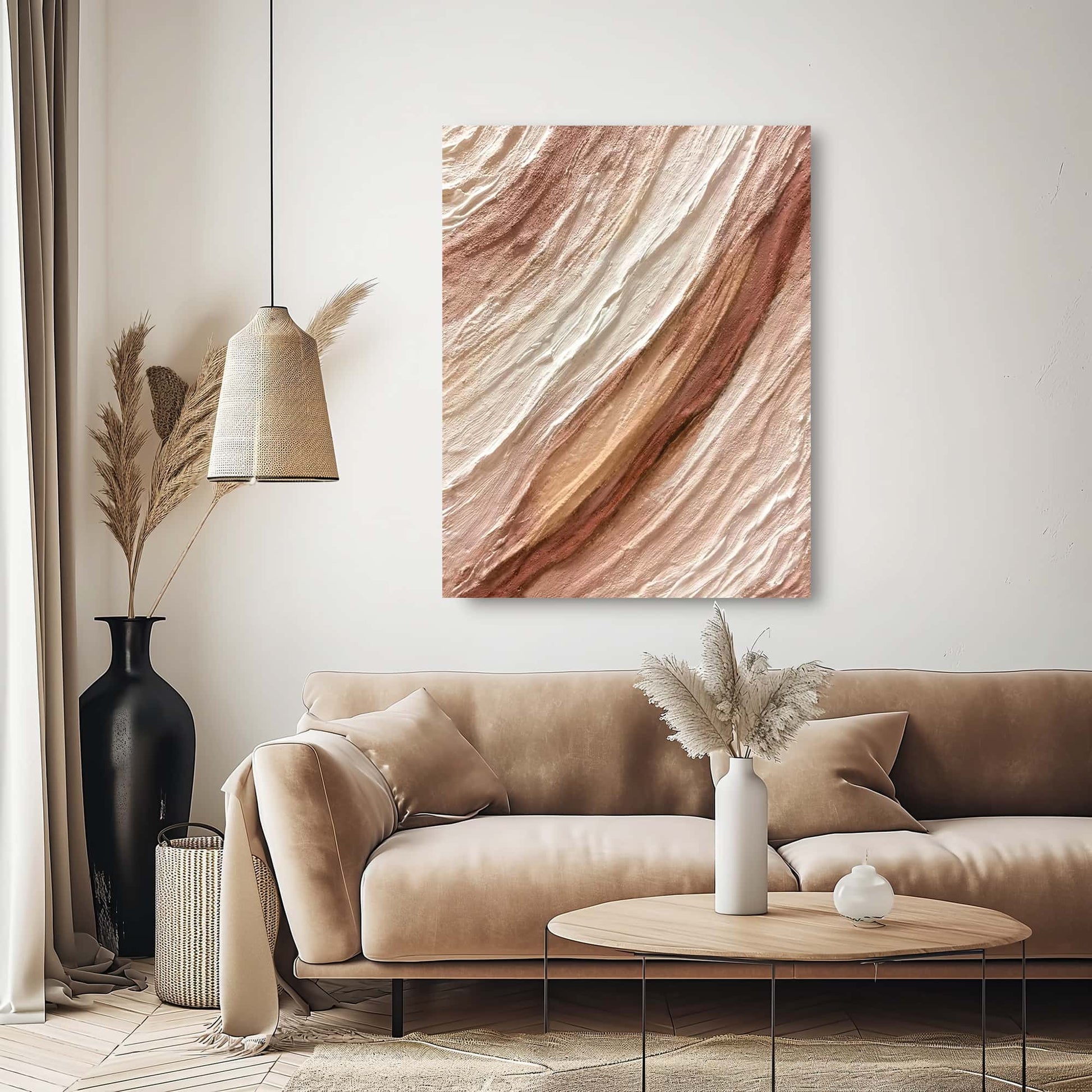 "Hand-painted abstract textured wall art titled 'WIND OF GOBI DESERT.' This versatile artwork, suitable for both portrait and landscape orientations, captures the essence of an abstract, wind-swept Gobi Desert. The composition is rich in three-dimensional and linear elements, with a color palette dominated by red and white, hanging in the living room"