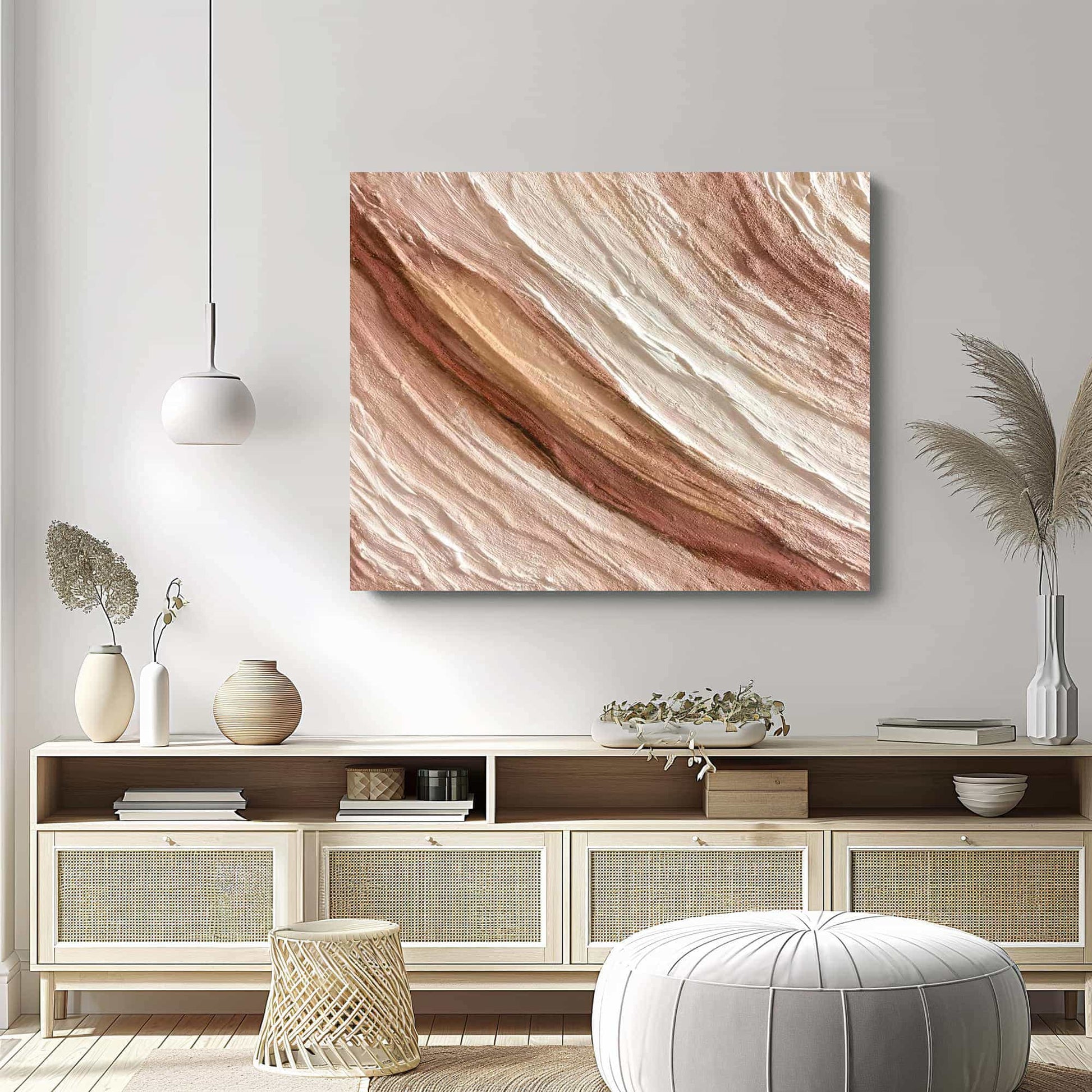 "Hand-painted abstract textured wall art titled 'WIND OF GOBI DESERT.' This versatile artwork, suitable for both portrait and landscape orientations, captures the essence of an abstract, wind-swept Gobi Desert. The composition is rich in three-dimensional and linear elements, with a color palette dominated by red and white, hanging in the lounge"