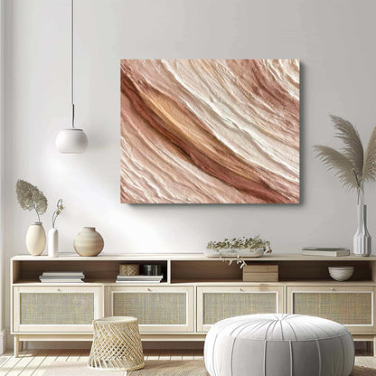 "Hand-painted abstract textured wall art titled 'WIND OF GOBI DESERT.' This versatile artwork, suitable for both portrait and landscape orientations, captures the essence of an abstract, wind-swept Gobi Desert. The composition is rich in three-dimensional and linear elements, with a color palette dominated by red and white, hanging in the lounge"