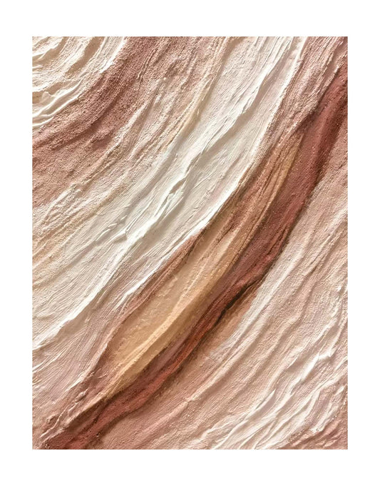 "Hand-painted abstract textured wall art titled 'WIND OF GOBI DESERT.' This versatile artwork, suitable for both portrait and landscape orientations, captures the essence of an abstract, wind-swept Gobi Desert. The composition is rich in three-dimensional and linear elements, with a color palette dominated by red and white."